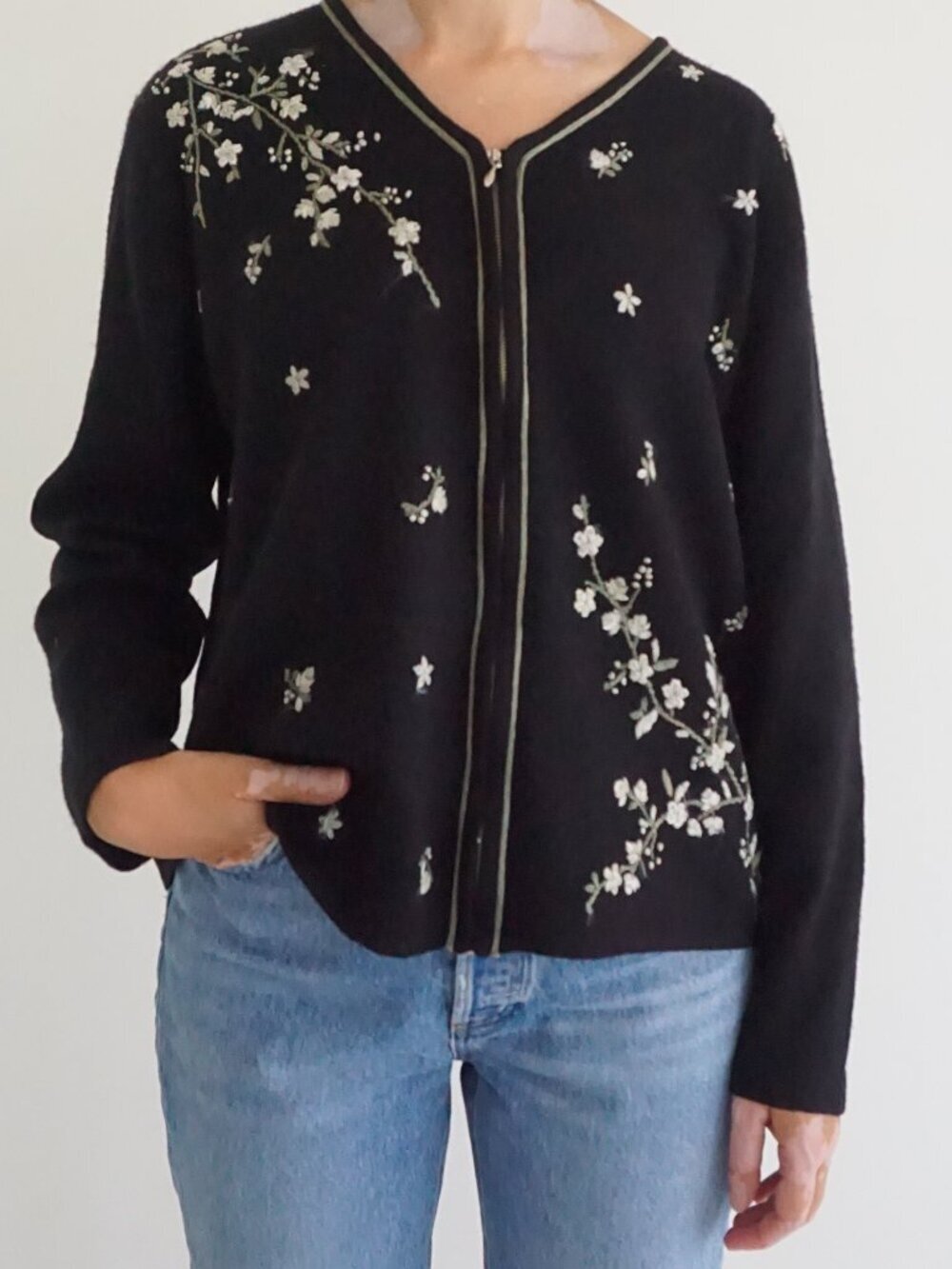 Segue Black Ivory Cherry Blossom Embroidered Boho Knit Zip Cardigan L